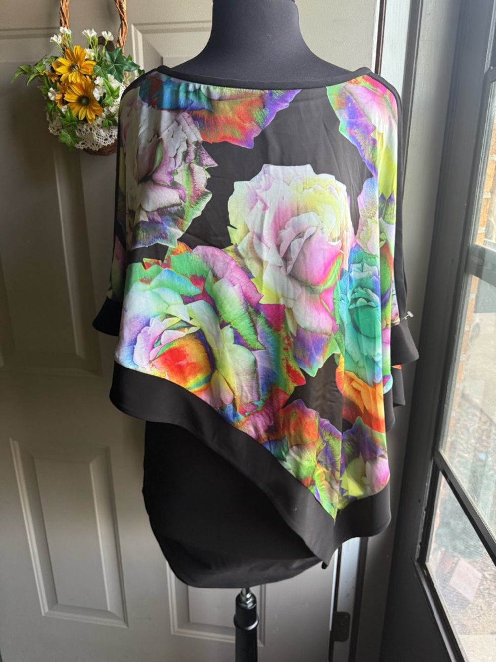 Vintage Joseph Ribkoff psychedelic roses cape mini dress, size 10 medium